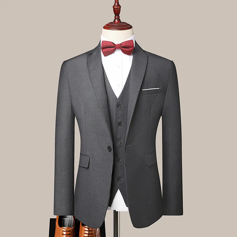 Male Suits 3 Piece Sets Fashion Blue Single Button Jacket Business Slim Chic Elegant Groomsmen Formal Set(Blazer + Vest + Pants)