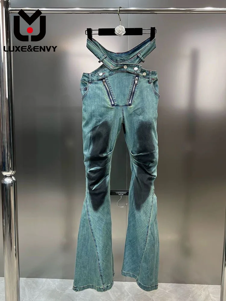 

LUXE&ENVY 2023 Early Split Waist Hollow Multi Button Zipper Made Old Denim Spicy Girl Micro Pants