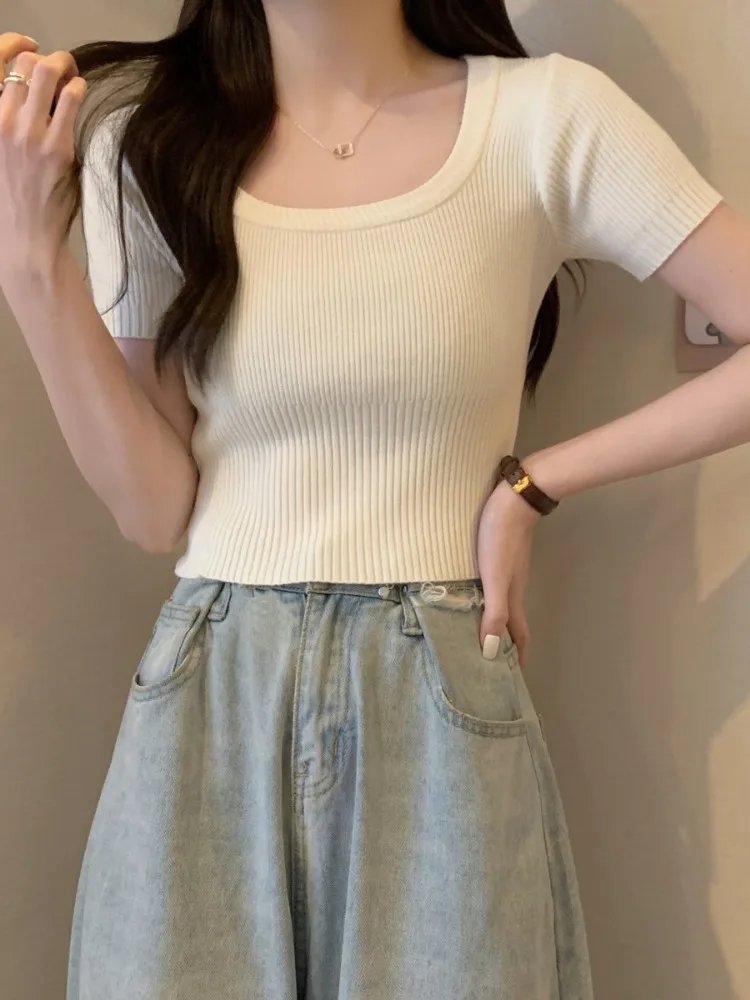 

Топ женский офисный с квадратным вырезом и коротким рукавом, элегантный повседневный облегающий кроп-топ с открытыми плечами, A175, на лето