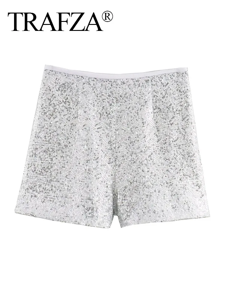 

TRAFZA Summer Women Silver Sequins Decorate High Waist Side Zipper Slim Shorts Fashion Woman Chic Casual Shorts Streetwear