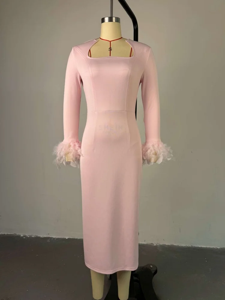 Wmstar Dress Women Wholesale Autumn New Style Sweet Fresh Square Neck Long Sleeved Feather Decorated High Waisted Slimming