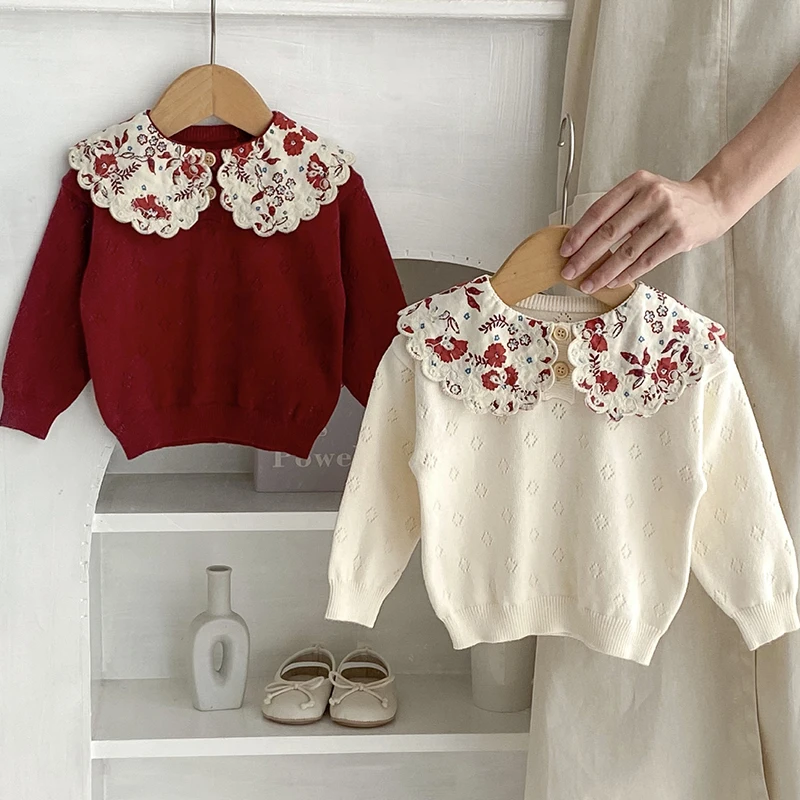 Autumn Newborn Sweaters Kids Knit Wear Kids Knitting Pullovers Tops Large Floral Collar Baby Girl Sweaters Cotton