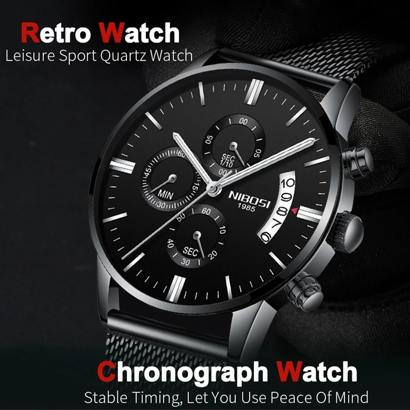 NIBOSI Sport Chronograph Quartz Watch Men  Stainless Steel Mesh Waterproof Mens Watches Top Brand Luxury Watch Relogio Masculino