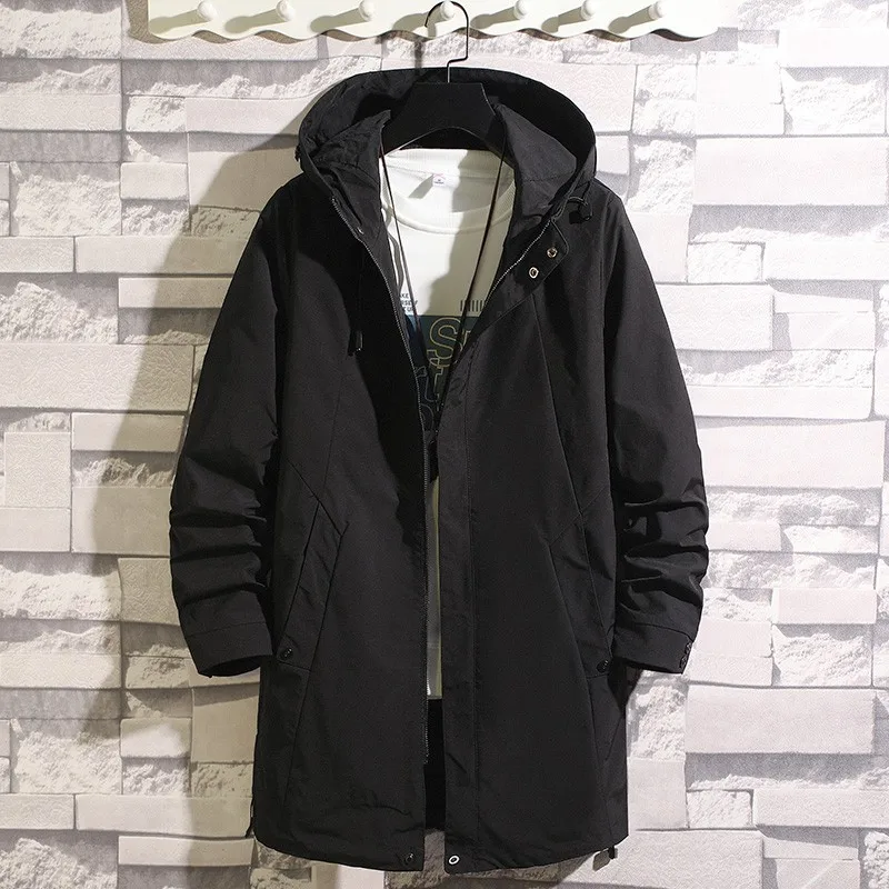 

2023 Long Trench Coat Men Fashion Hooded Windbreaker Spring Autumn Black Overcoat Casual Jackets