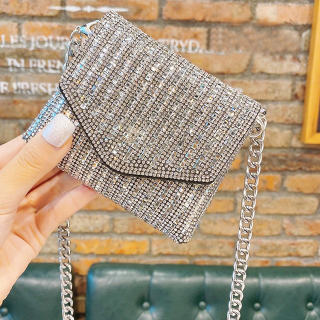 Luxury Designer Evening Clutch Bag Handle Rhinestones silver Shiny