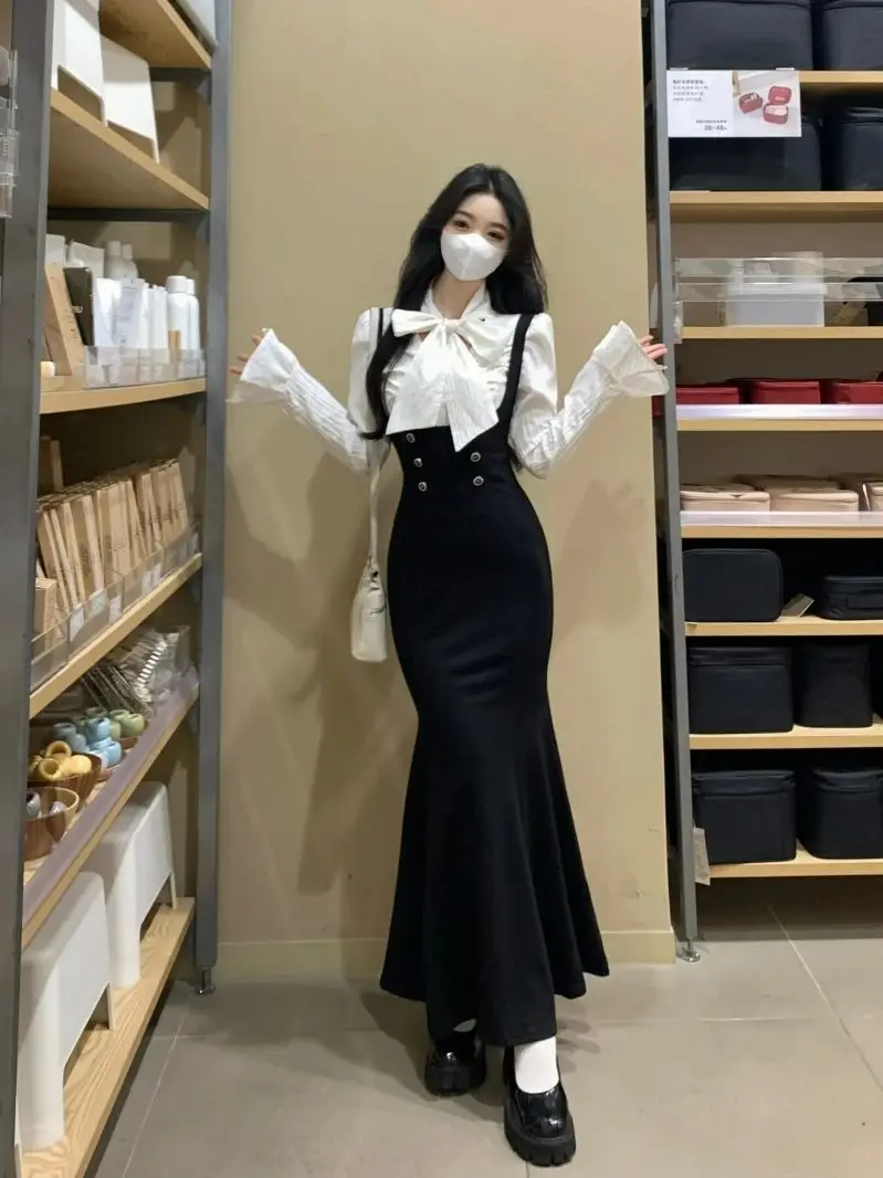 

Oversized women's dress with straps, shirt, two-piece set for autumn and winter slimming, buttocks wrapped, fishtail long skirt