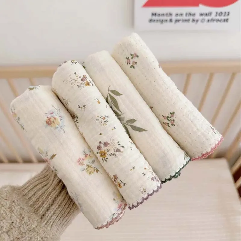 Four in a Set Cotton Gauze Baby Washcloth Towel Floral Ins Style Baby Bath Soft Square Towel Children Absorbent Handkerchiefs bath towel baby towel