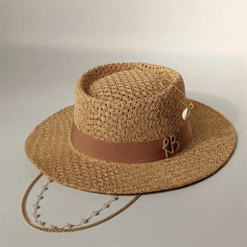 Cherry powder 2026 straw hat pearl chain DIY flat top sun hat new Korean elastic ribbon hat beach hat candy color sun hat