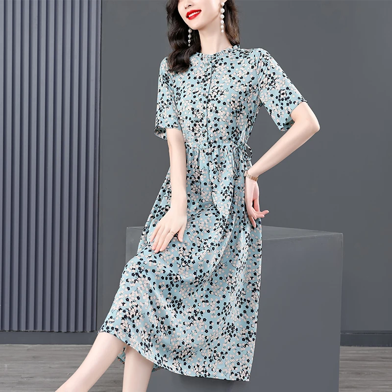 

Summer New Women's Dress Plus Size5XL Ice Silk Printing Dresses Female Korean Short-Sleeved Over The Knee Summer Lady Dress