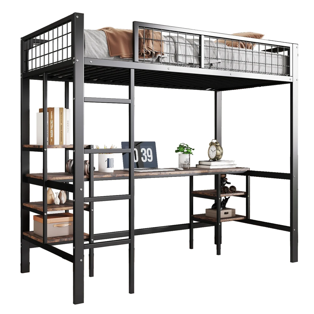 Multifunktionales 90x200cm Robustes Etagenbett aus Eisen und Spanplatte mit Tisch & Regal, 4-stufige Sicherheitsleiter für Kinder und Jugendliche für Zuhause und Wohnheim – Detail 15