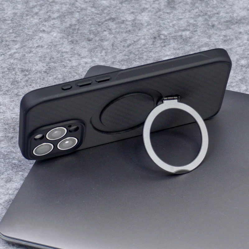 Carbon Fiber Texture 360 Rotating Kickstand Phone Case with Wireless Charging Compatibility