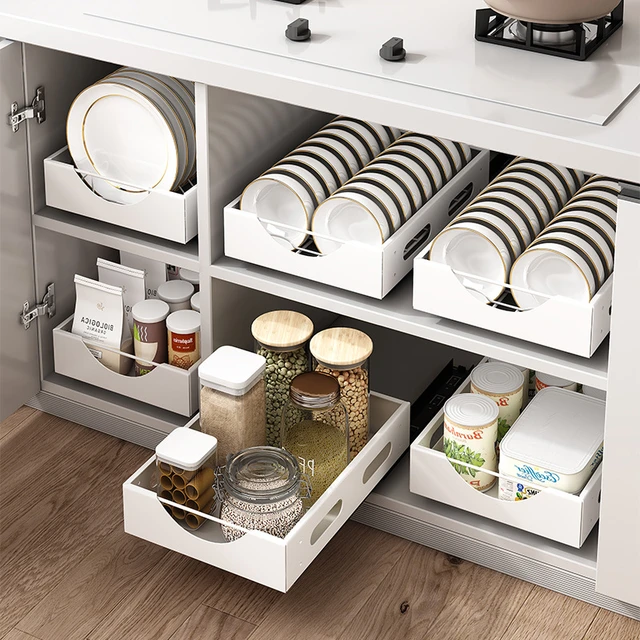 Cuenco y plato el tipo de cajón del estante de almacenamiento del fregadero  de la cocina se puede empujar y tirar debajo del Gabinete estante doble  telescópico - AliExpress