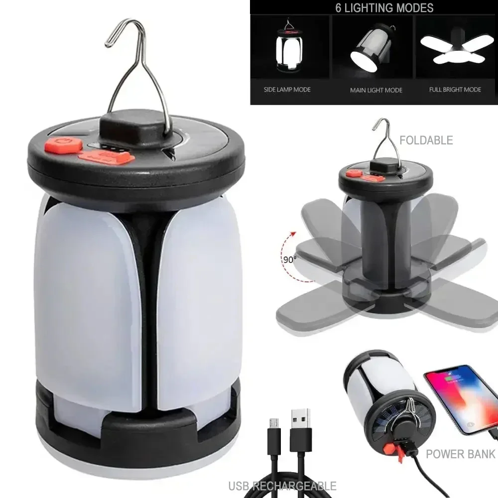 Portable Solar LED Camping Lantern Rechargeable Outdoor Emergency Power Bank Foldable 6 Light Mode Camping Hiking Lamp with Hook camping lantern