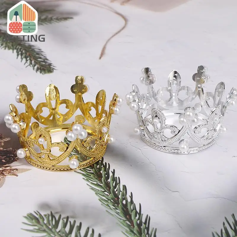Mini Crown Tiara Cake Topper Romantic Pearl Garland Happy Birthday Baby Shower Wedding Party Cake Decoration Kids Hair Ornament