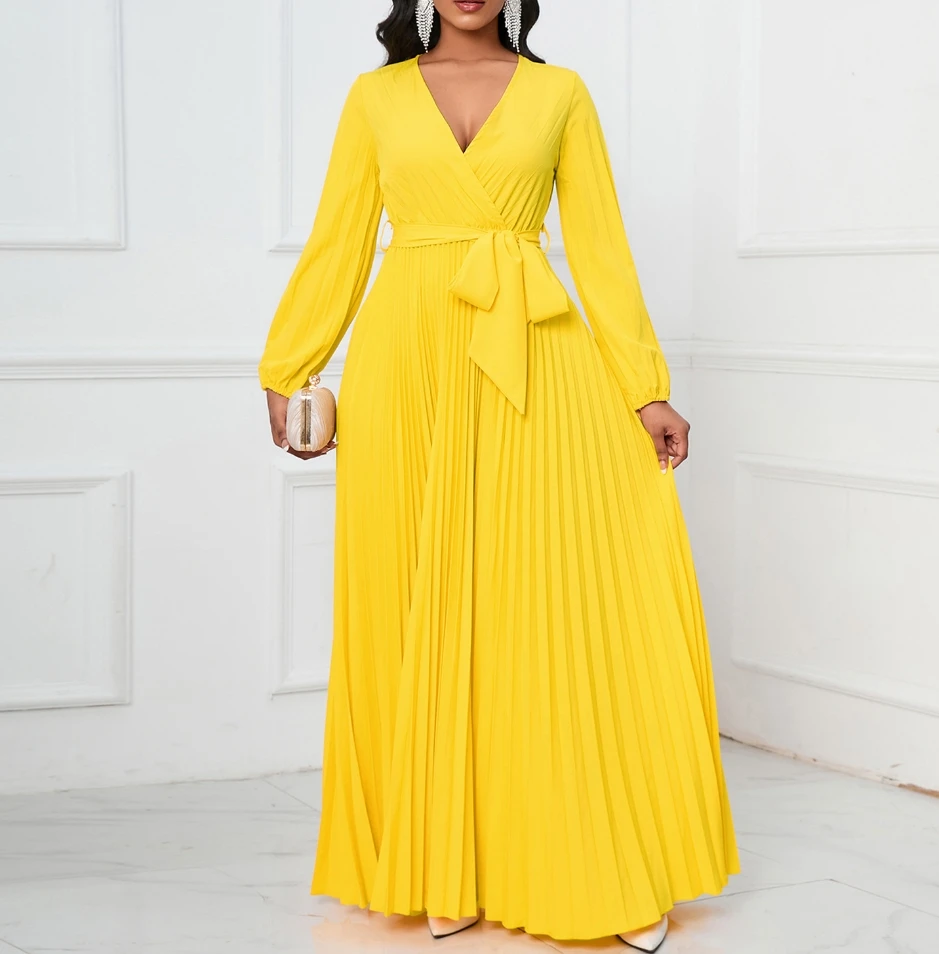 

Women's Dress 2024 Buttocks Wrapped Professional Temperament Pleated Large Hem Dress Solid Color Tie Up Waist V-Neck Long Dress