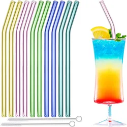 Pink Bent Glass Straw Set - 10 Reusable Straws with Cleaning Brush (Mix color-bent)