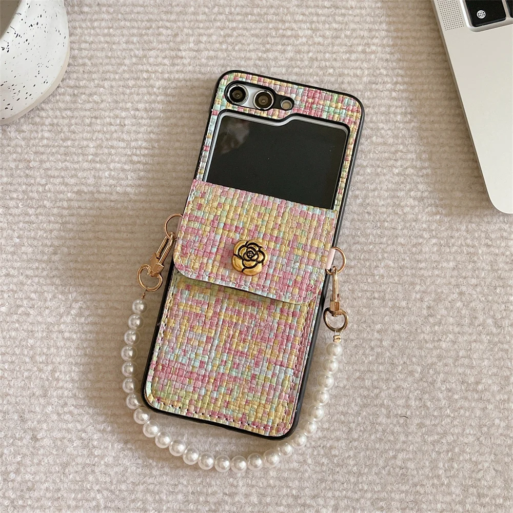 Luxury Woven Texture PU Leather Card Holder Wrist Strap Phone Case