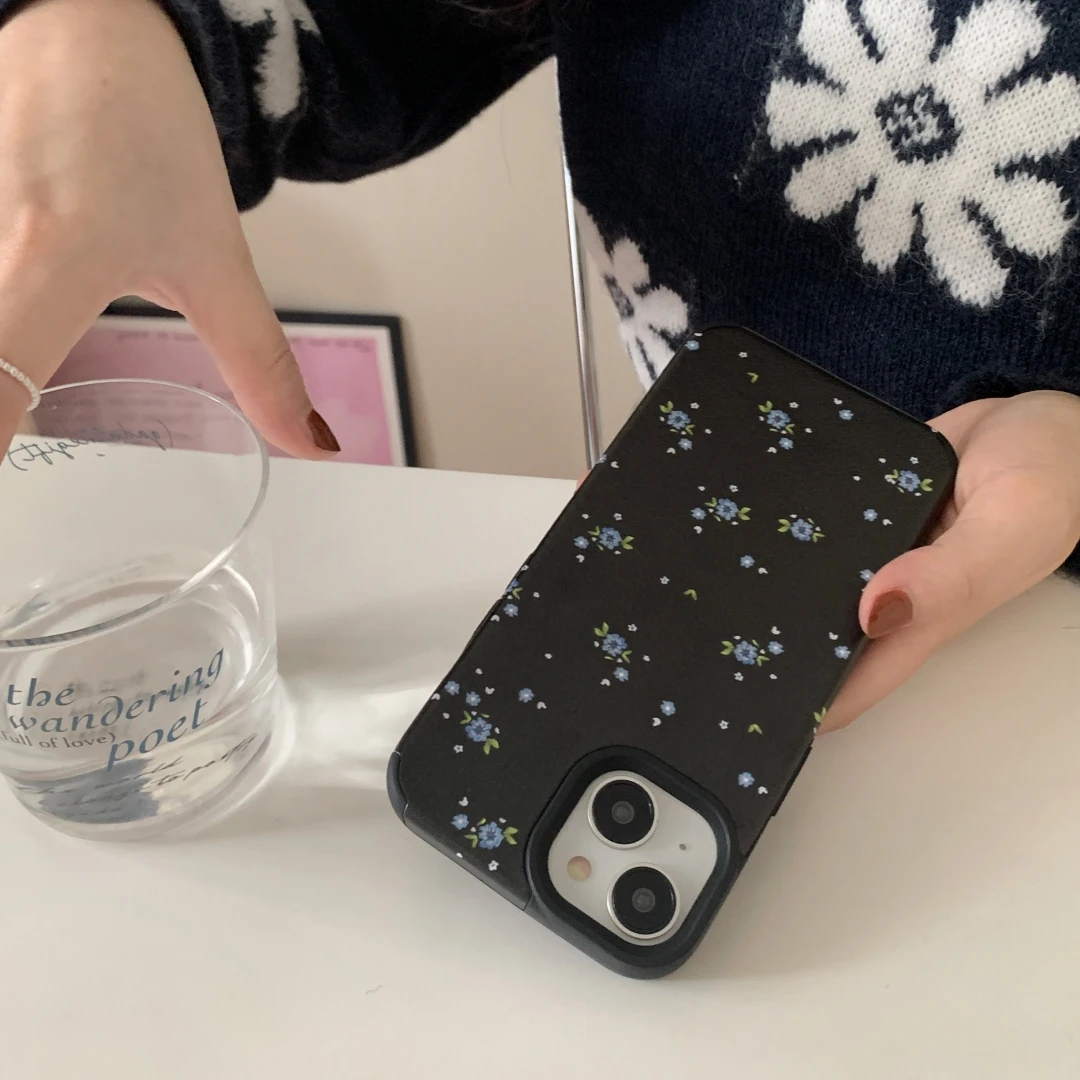 Black Floral Leather Phone Case for iPhone