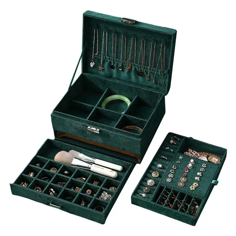 대형 쥬얼리 박스 3 층 녹색 벨벳 쥬얼리 박스, 이동식 트레이 잠금 링 포함, 쥬얼리 디스플레이 케이스