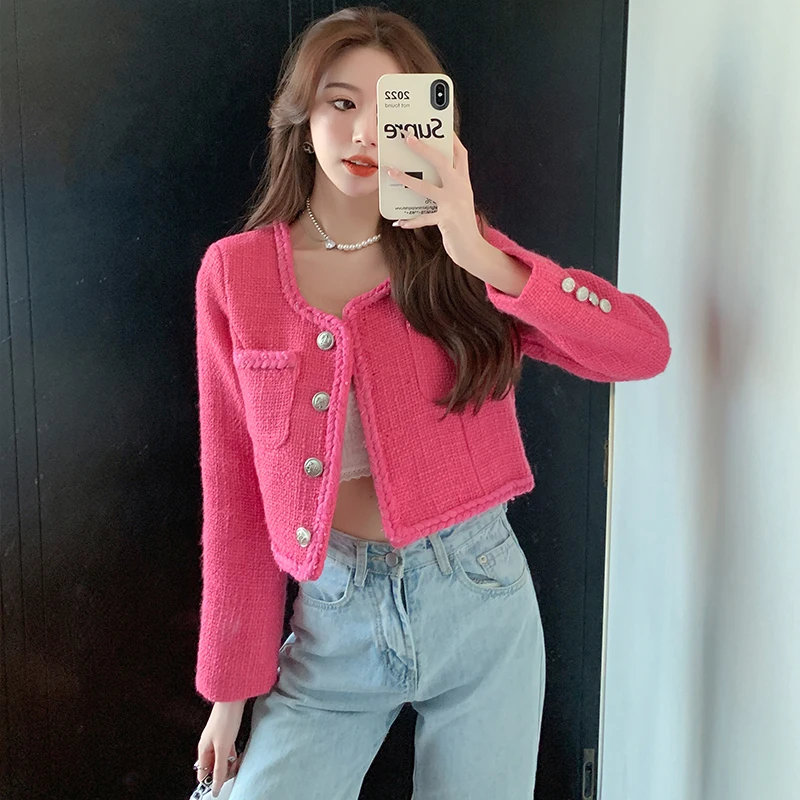 

High Quality 2023 New Fashion Fall Winter Womens Full Sleeve Spliced Metal Button Pockets Short Jacket Tweed Casual Solid Coat