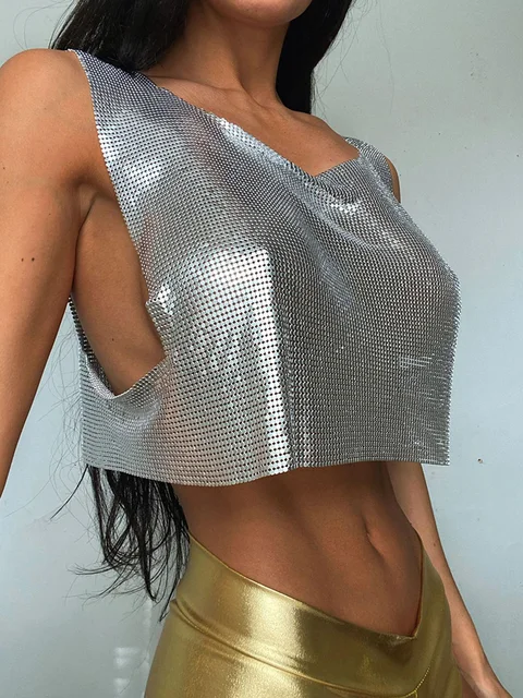 XUNZOO Women’s Metallic Crop Top – Long Sleeve High Neck Shiny Clubwear, Gold, X-Large