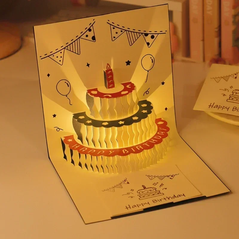 3D Musical Birthday Cake Card LED Light Pop-Up Greeting Cards Envelope All Occasion Girl Kid Wife Postcards