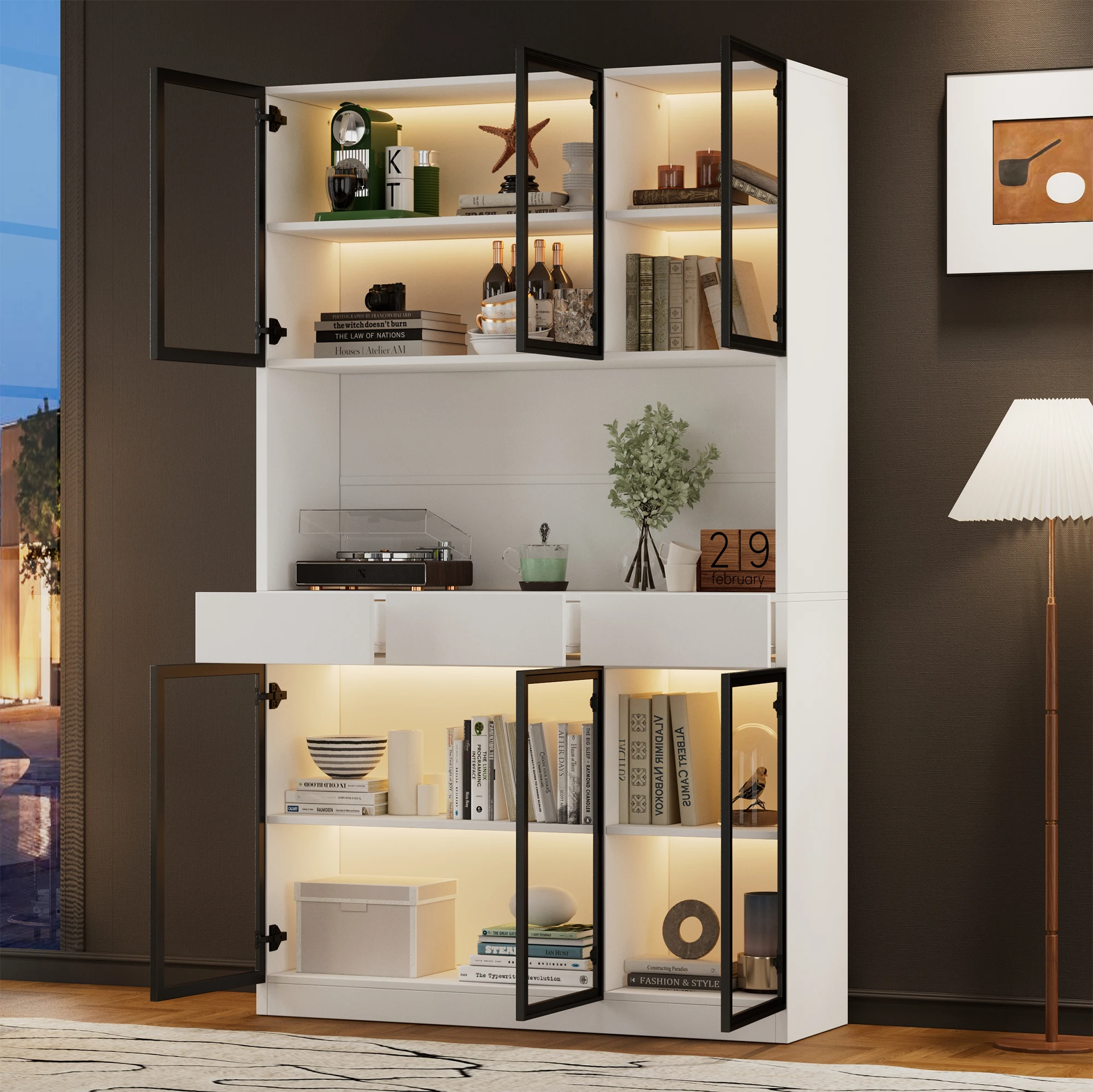 200 cm hoher weißer Vitrinenschrank mit LED, Glastüren (schwarzer Rahmen), Bücherregal mit mehreren Staufächern – Detail 23