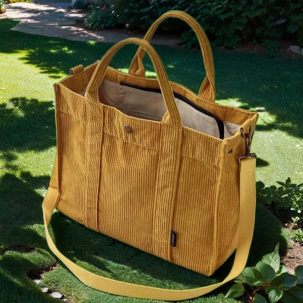 Corduroy Crossbody Bag with Hidden Zipper Pockets-Corduroy Shoulder Bag with Smartphone Pocket-Corduroy Tote with Inner Pockets