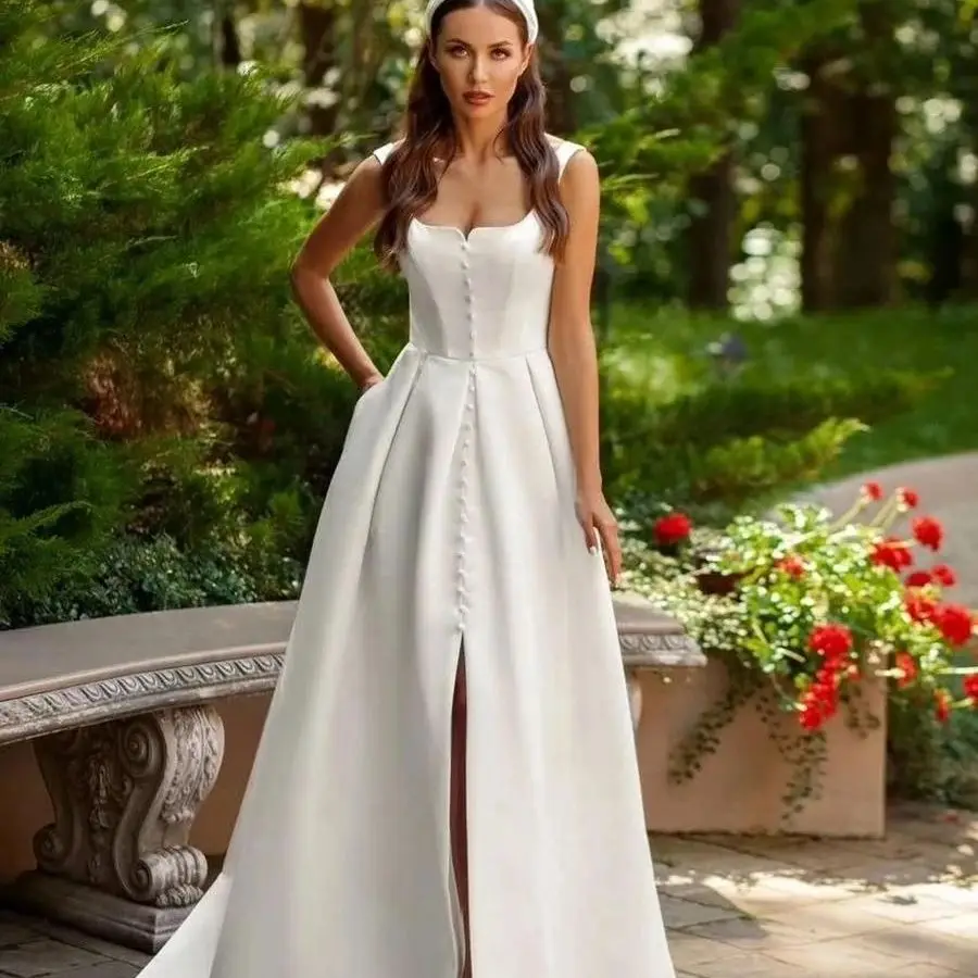 

Backless Sleeveless A-line Temperament Wedding Dresses Square Neck High Slit Simpl Customize To Measure Robe De Mariee For Women