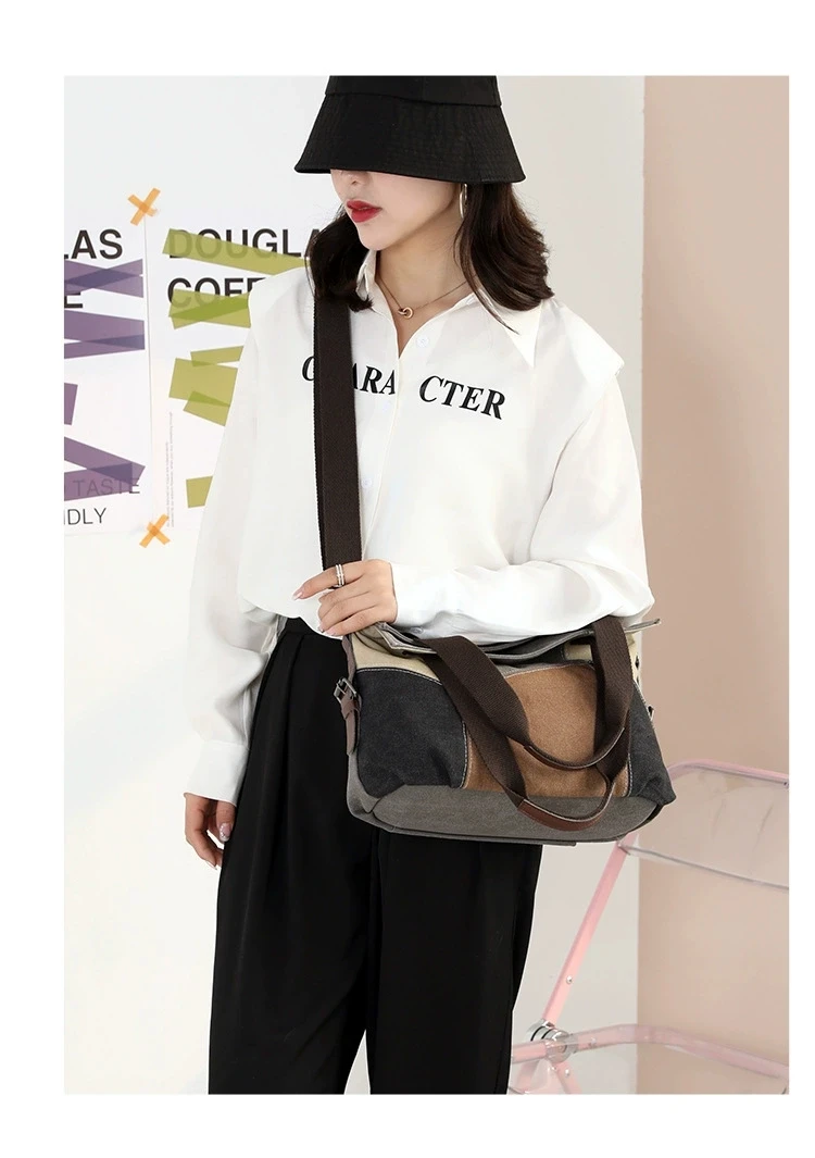 Women's New Simple and Fashionable Contrast Canvas Bag with Large Capacity Retro Spliced One Shoulder Handbag High end design