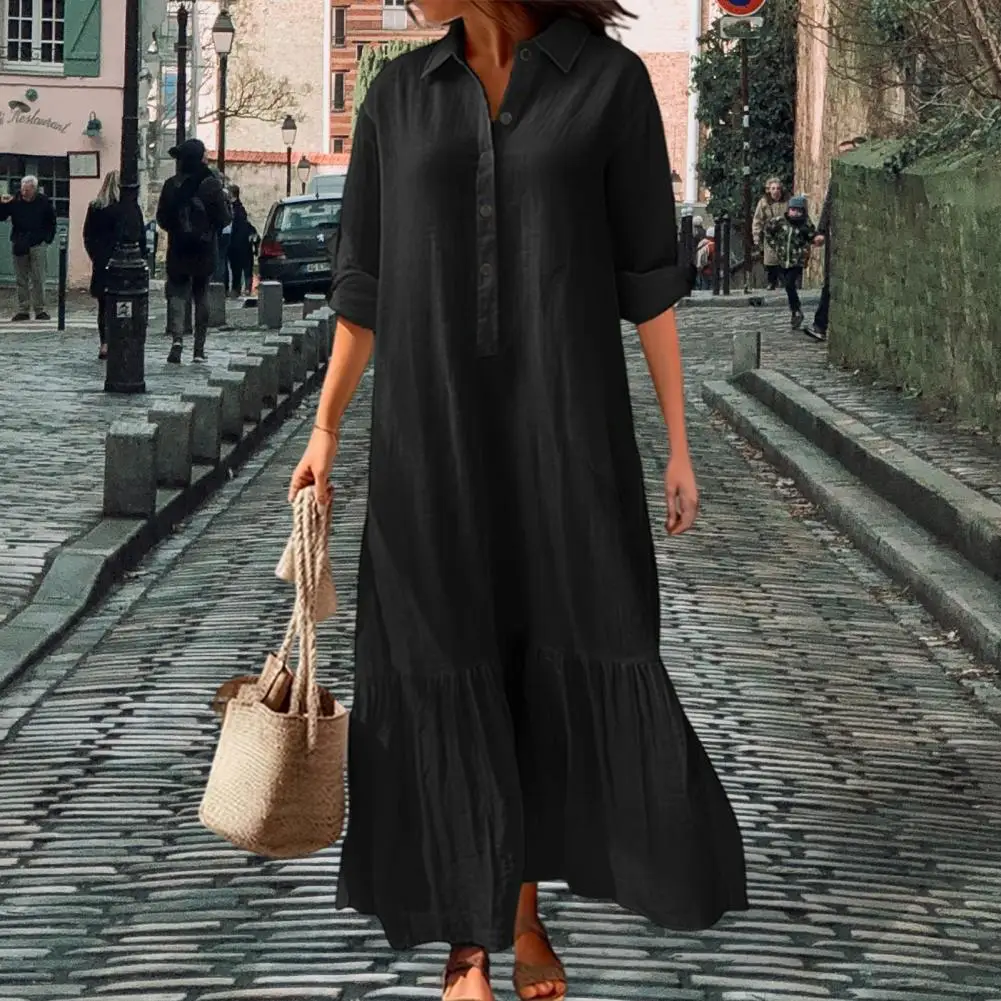 Women's Cotton Linen Shirt Dress Long Sleeve V Neck Button Up Maxi Dress  Casual Plus Size Flowy Long Dress - AliExpress 200000345