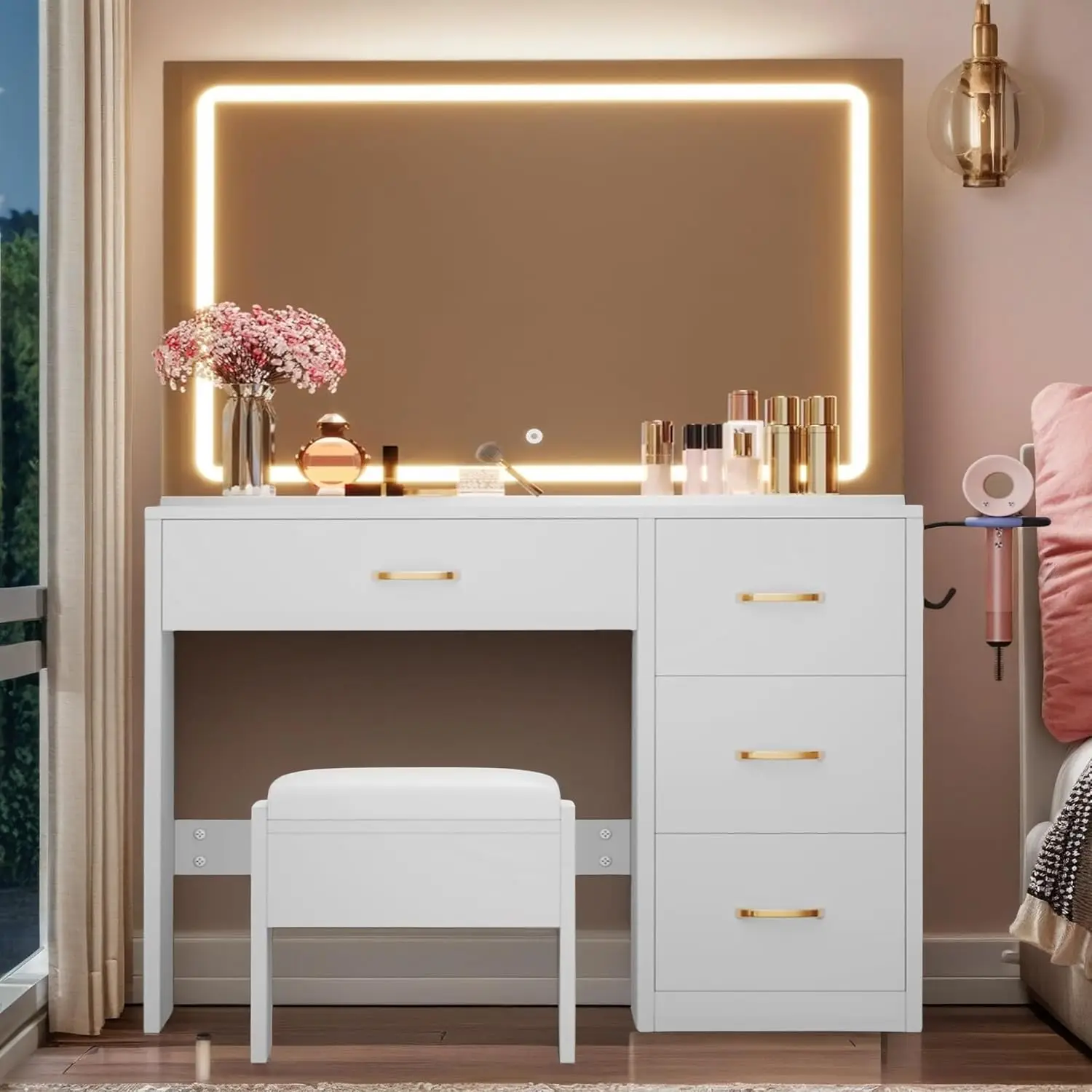 Makeup Vanity with Large Mirror and LED Lights, Vanity Desk Set with Power Outlet & Chair & 3 Lighting Colors, 4 Drawers