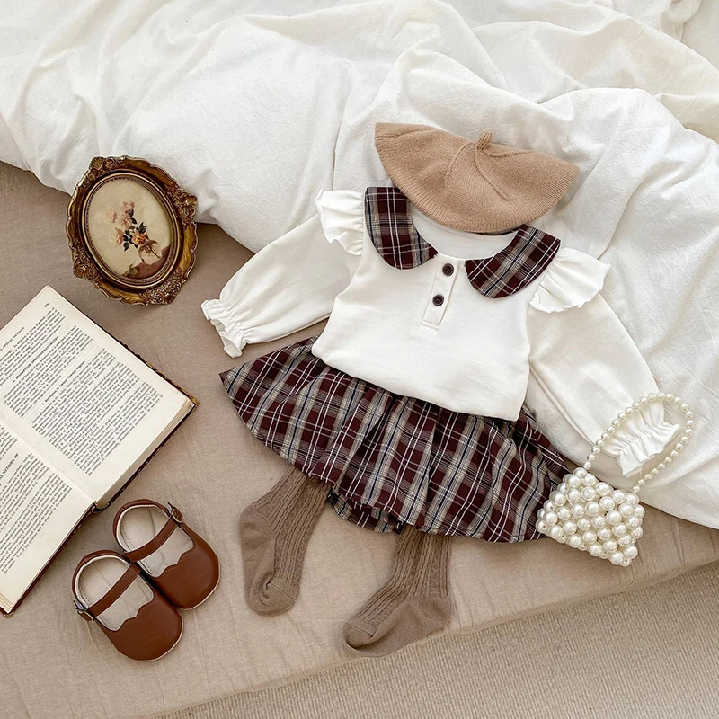 

Autumn New Baby Clothes Set Preppy Style Toddler Cute Shirt + Checkered Pleated Skirt Girls Outwear