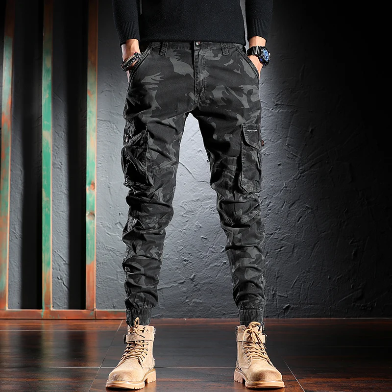 Fashion Designer Men Jeans Camo Trousers Multi Pockets Casual Cargo Pants Hombre Zipper Bottom Hip Hop Joggers Men