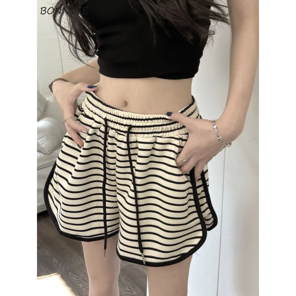 

Large Size Sports Shorts Female Summer Striped New High-waisted Loose Thin Outside Three-quarter Pants Casual Hot Pants