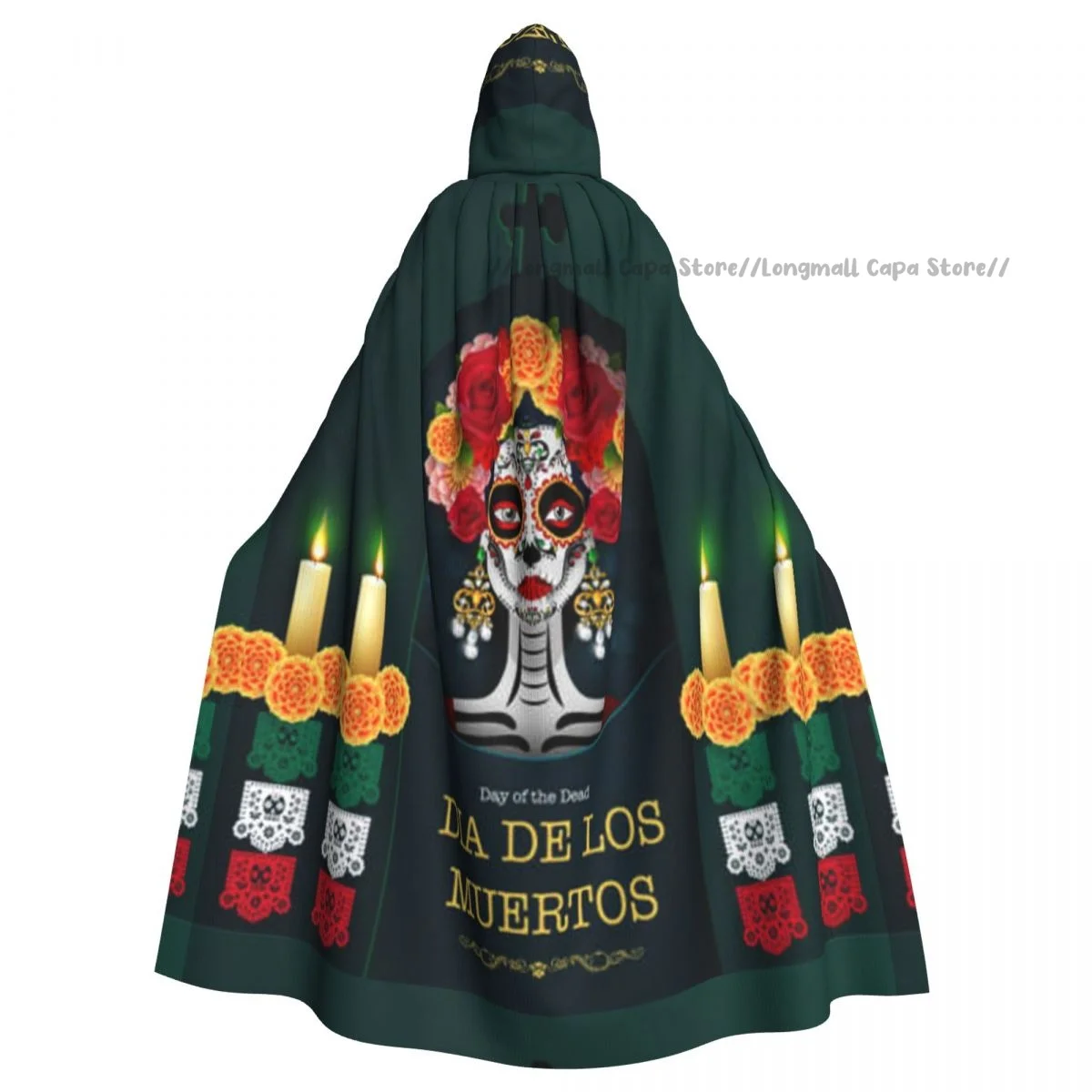 

Sugar Skull With Flowers Wreath Hooded Cloak Coat Halloween Cosplay Costume Vampire Devil Wizard Cape Gown Party