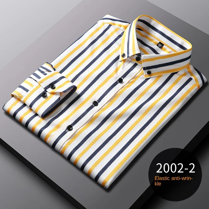 New men's striped shirt supply wholesale button collar long sleeve pocket-free business casual Joker shirt men， techno shirt