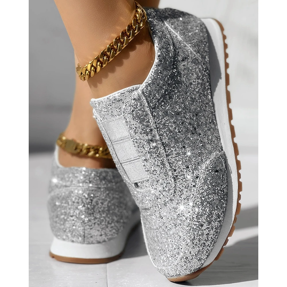 Women Bling Sequin Decor Round Toe Platform Sneakers Autumn Women Casual Daily Flats Shoes 2024 Korean Style Spring Autumn