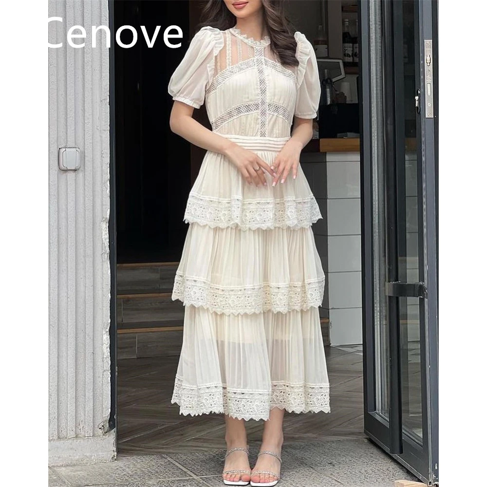 

Cenove Beige A-Line High Neckline Prom Dress Short Sleeves With Tiered Draped Evening Summer Elegant Party Dress For Women2023