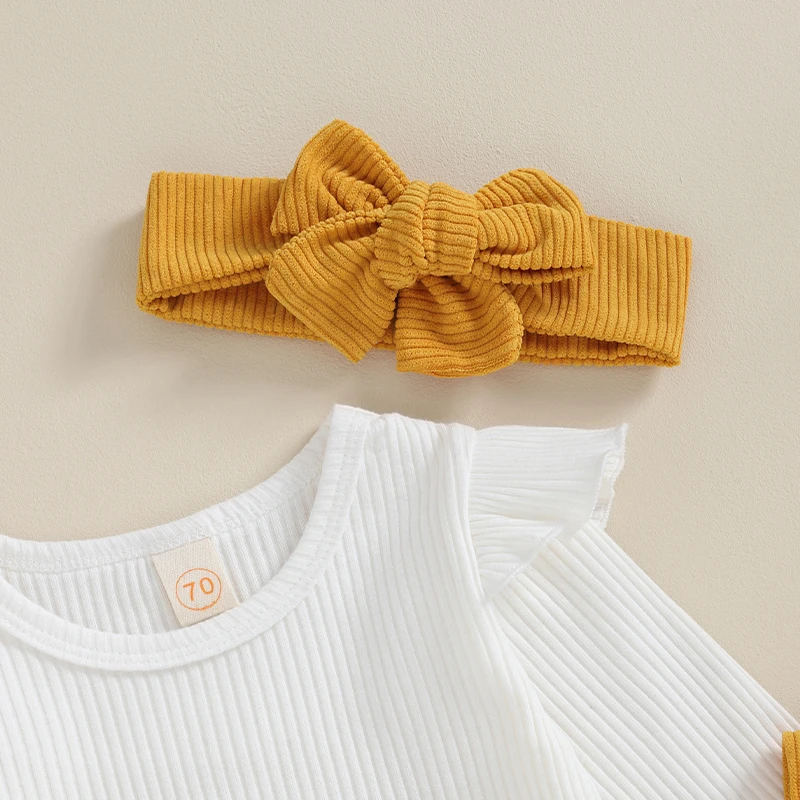 

Infant Baby Girl Fall Outfit Ribbed Ruffle Long Sleeve Crewneck Romper Suspender Skirt Headband 3Pcs Clothes Set