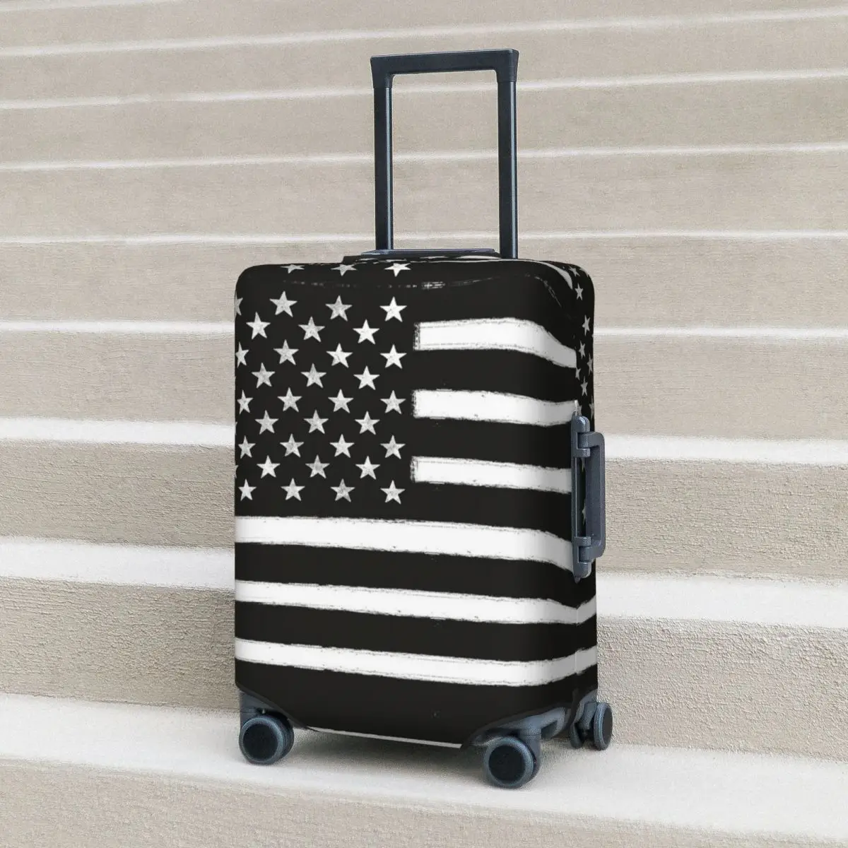 

Black N White American Flag Distressed Style Suitcase Cover Vacation Travel Elastic Luggage Supplies Protection