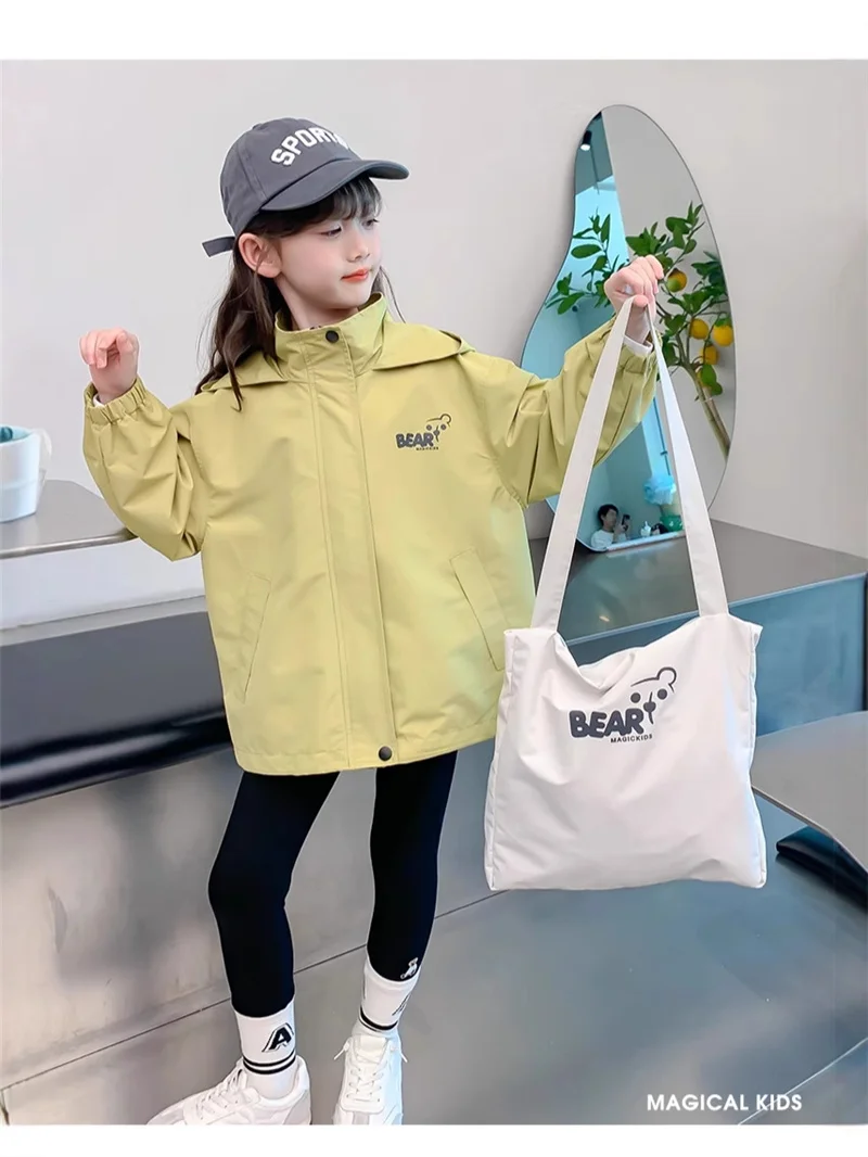 새로운 여자 얇은 트렌치 재킷 가을 봄 어린이 캐주얼 지퍼 Tracksuit 코트 어린이 의류 하이틴 후드 방풍 겉옷