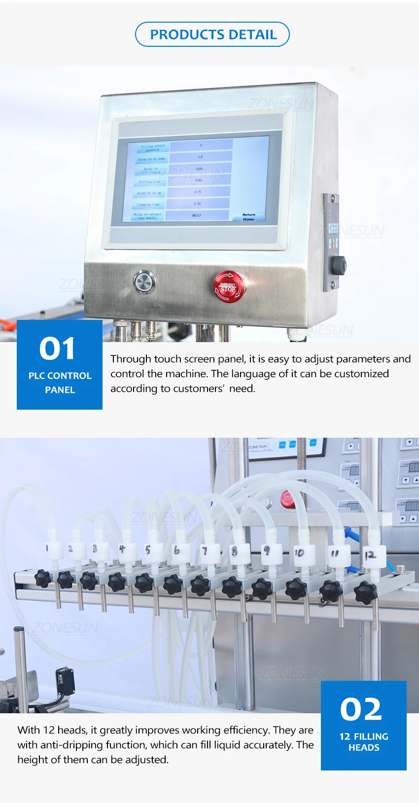 ZONESUN ZS-VTDP12P 12 Boquillas Bomba de diafragma Máquina de llenado de líquidos con transportador