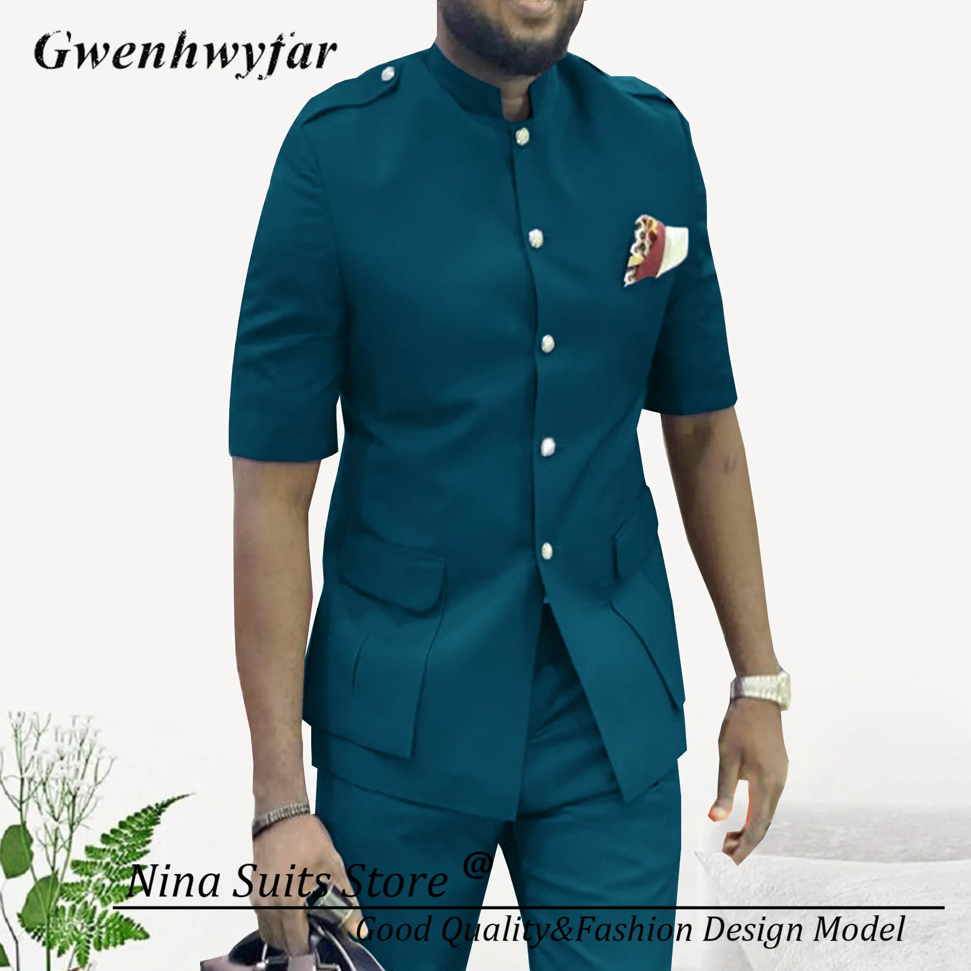 Nina Store African Style Men's Summer 2-piece Suit Formal Short Sleeved Gray Jacket and Pants Metal Silver Buttons on Blazer