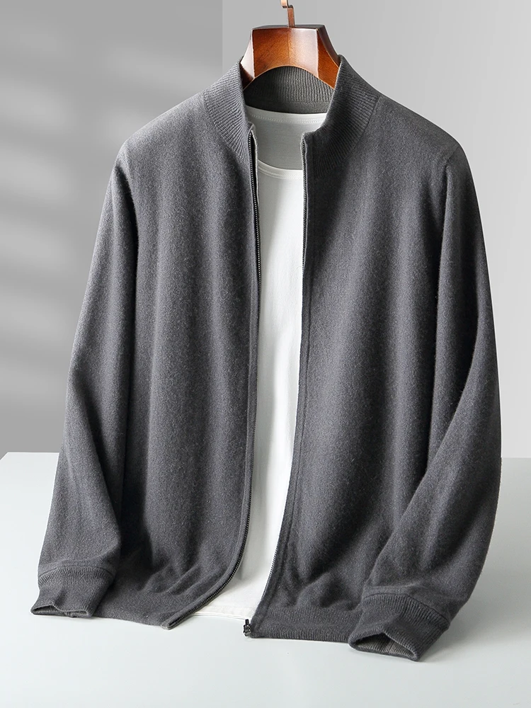 High-end Men Cashmere Sweater Zipper Cardigan Autumn Winter 100% Merino Wool Knitwear Thick Mock Neck Double Sided Wearable Coat 4