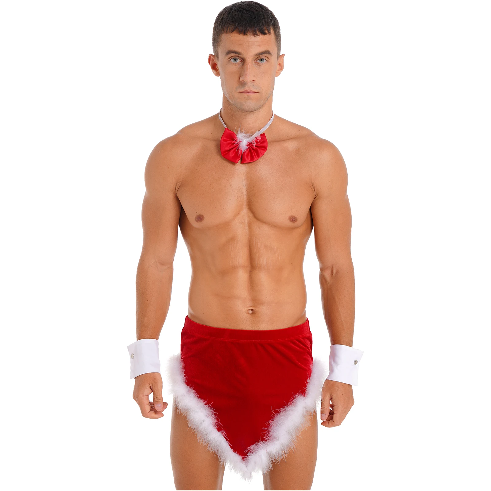 Men's Christmas Santa Claus Costume Bow Tie Collar Mini Skirt with Cuffs Xmas Holiday Cosplay Underwear Lingerie Set Pajamas