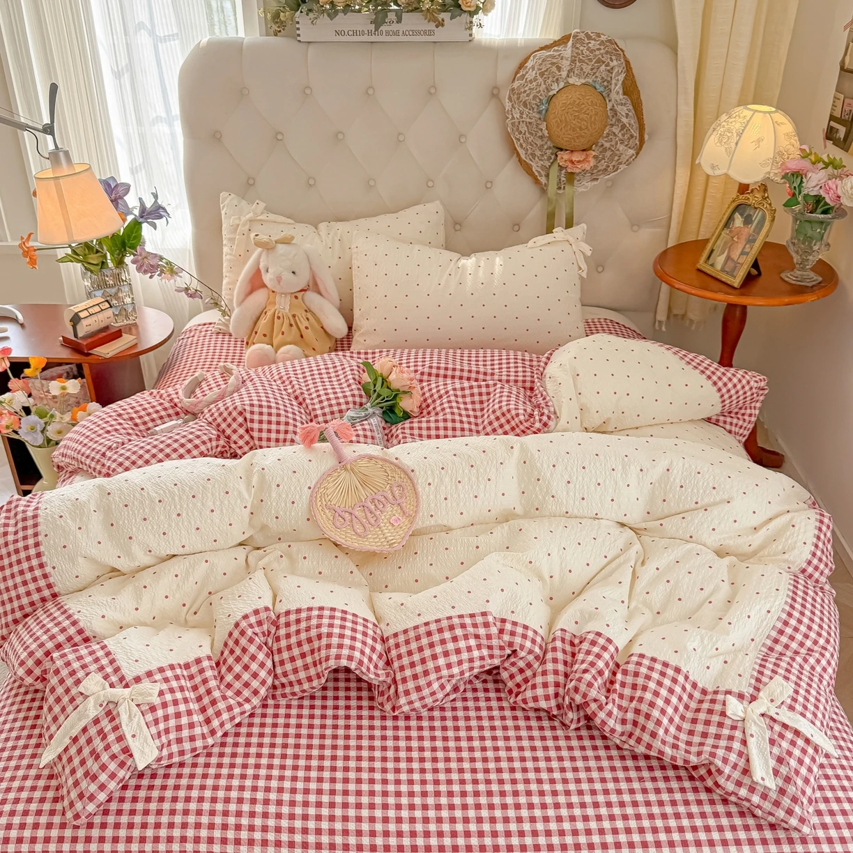 3/4Pcs Bedding Set Plaid Polka Dot Cotton Bedding Princess-Style For Home Double Bed Duvet Cover Bed Sheets With Pillowcase 5
