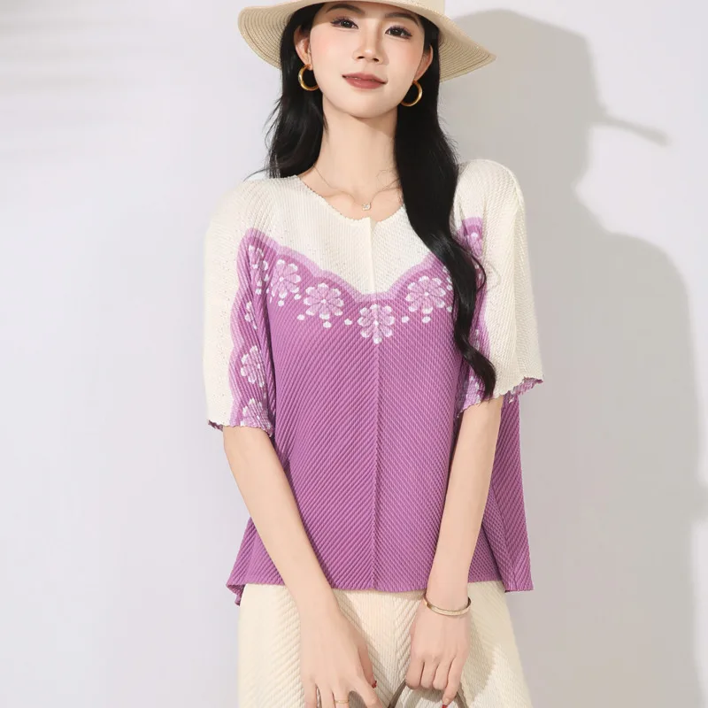 LANMREM Colorblock Printting Pleated Loose Women's T-Shirt Round Neck Casual Versatile Short Sleeve Elastic Pullover Top 2DB4506 - Image 6