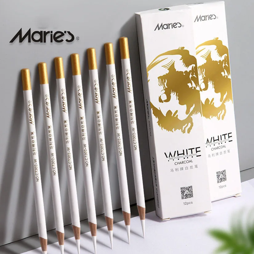 

6PCS White Charcoal Pen Set Students with Bold 4MM Lead Core Wooden Round Rod Highlight Brightening Sketch Brush Art Stationery