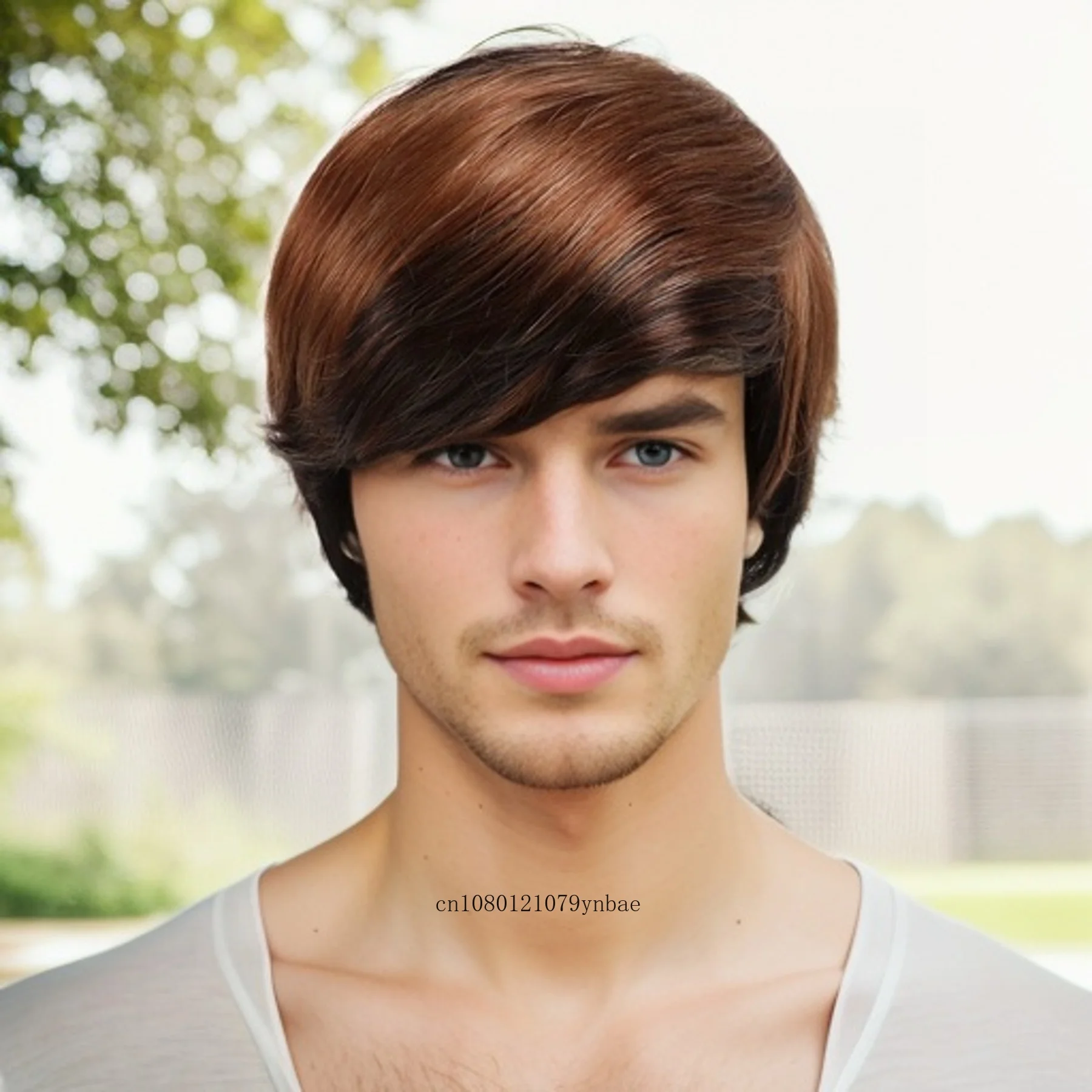 Men's Short Auburn Handsome Synthetic Wig with Bangs Heat Resistant Straight Wig for Male Silky Costume Daily Natural Looking